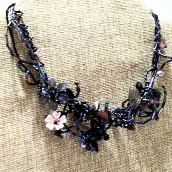 Woven Flower Themed Blue and Brown Multi Strand Beaded Necklace - Picture 2 of 7